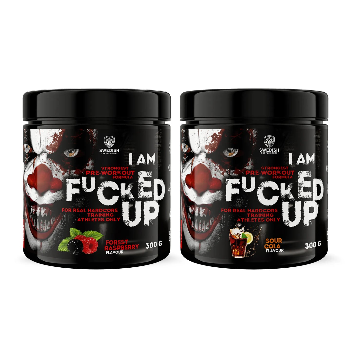 2 x Swedish Supplements Fu*ked up Joker Edition PWO 300 g i svarta burkar med clownmotiv i två olika smaker.