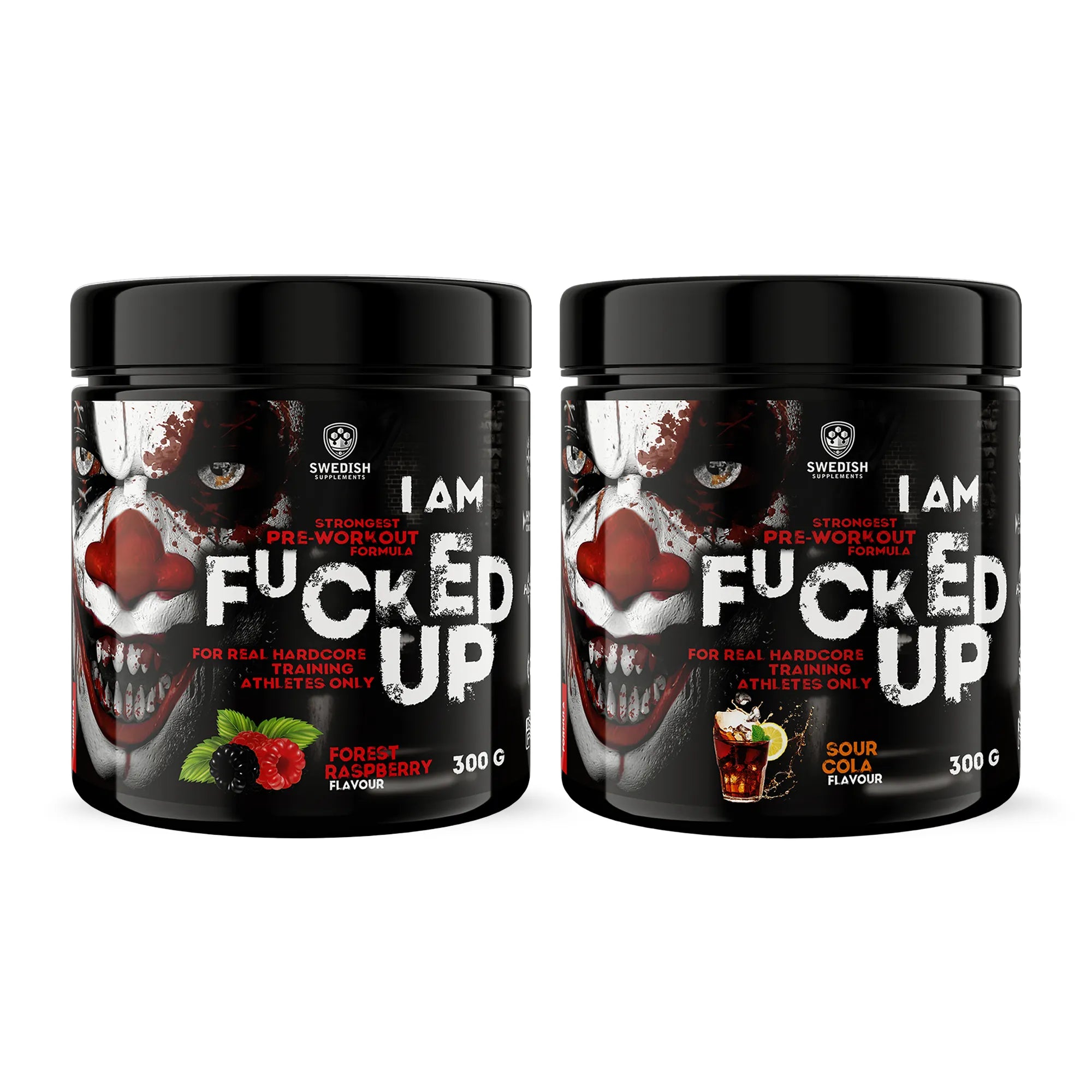 2 x Swedish Supplements Fu*ked up Joker Edition PWO 300 g i svarta burkar med clownmotiv i två olika smaker.