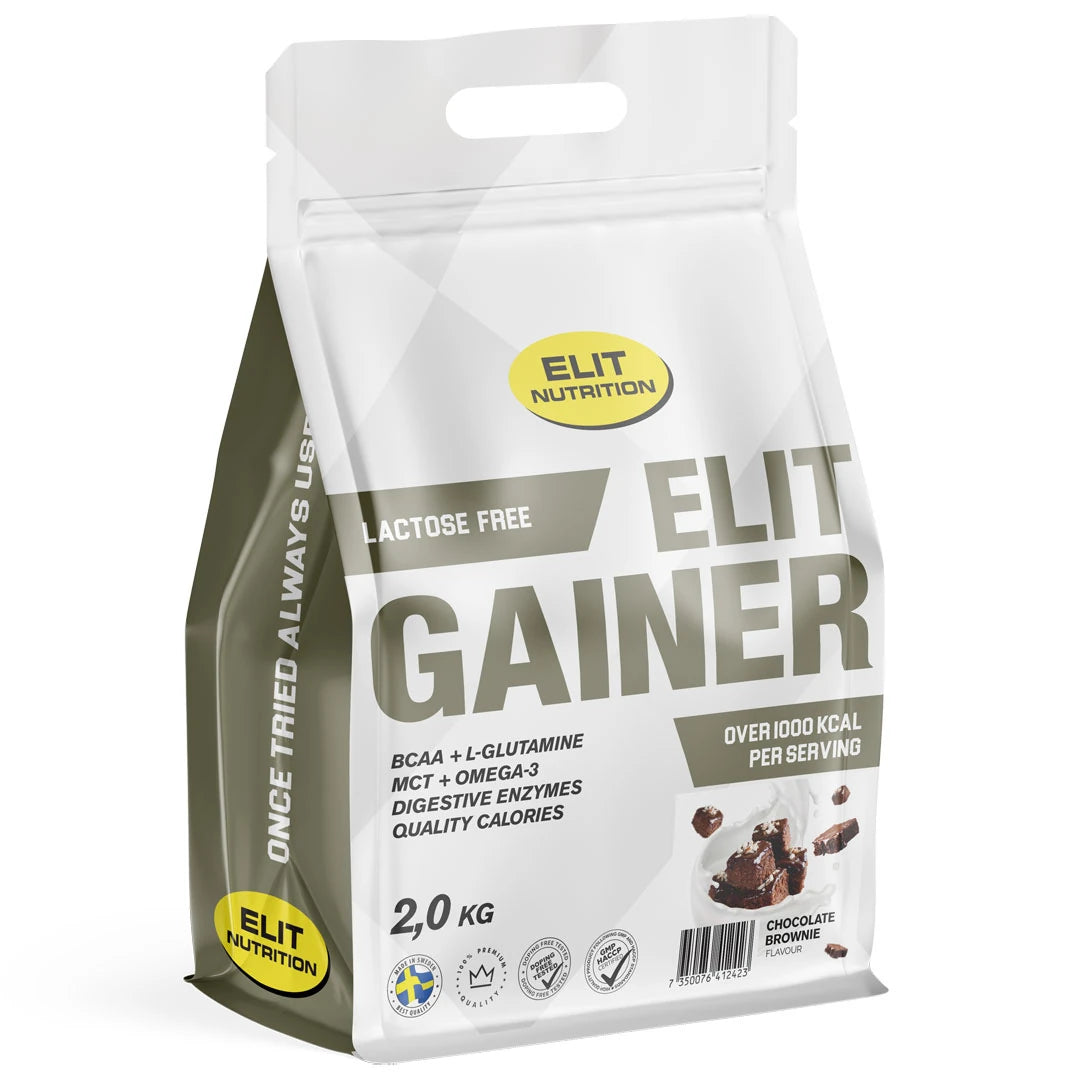 Elit Nutrition Gainer - Lactose Free 2 kg i pulverform, förpackad i en vit påse med smaken Chocolate Brownie.