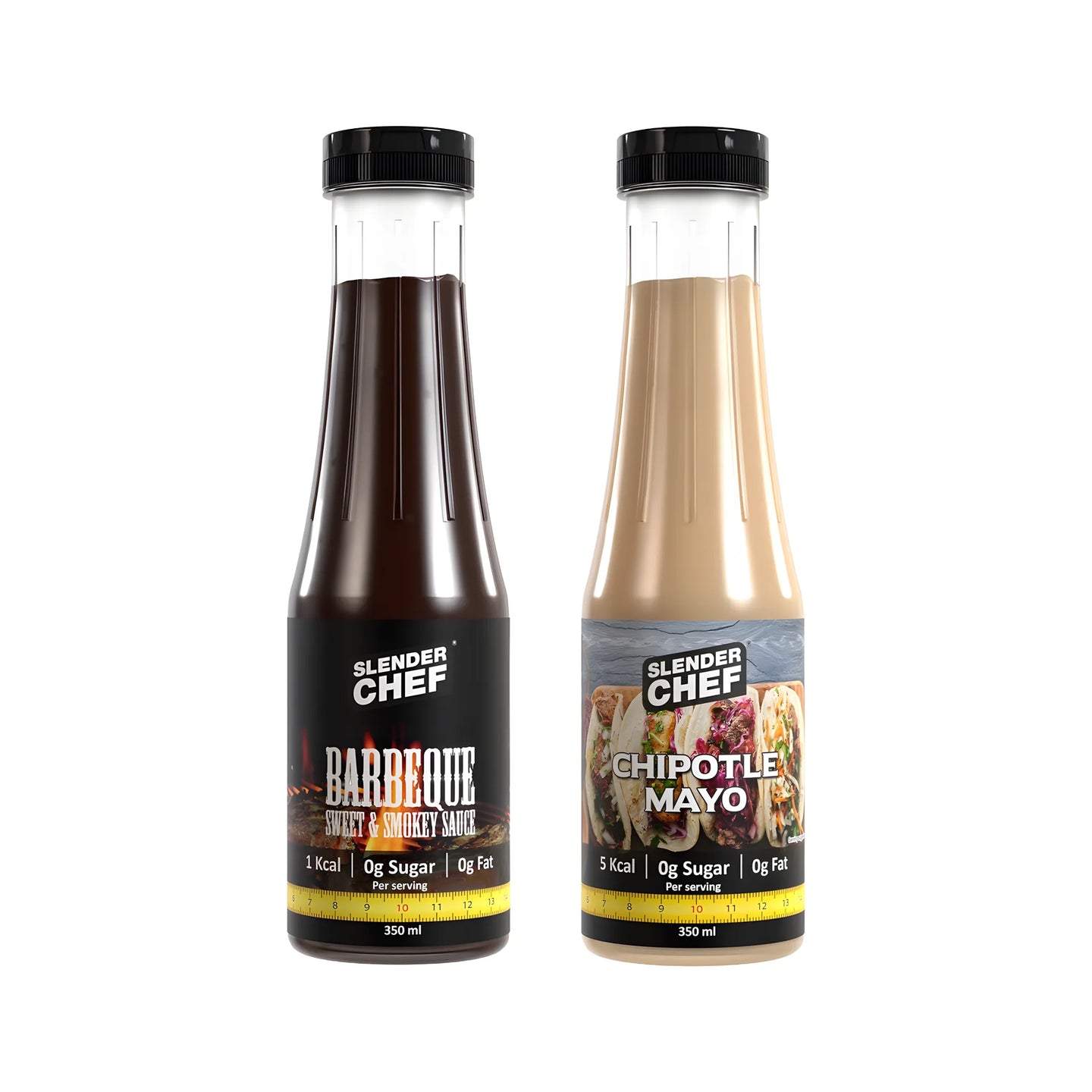 2 x Slender Chef Sauce 350 ml i två olika smaker uppställda bredvid varandra: Barbeque Sweet & Smokey och Chipotle Mayo.