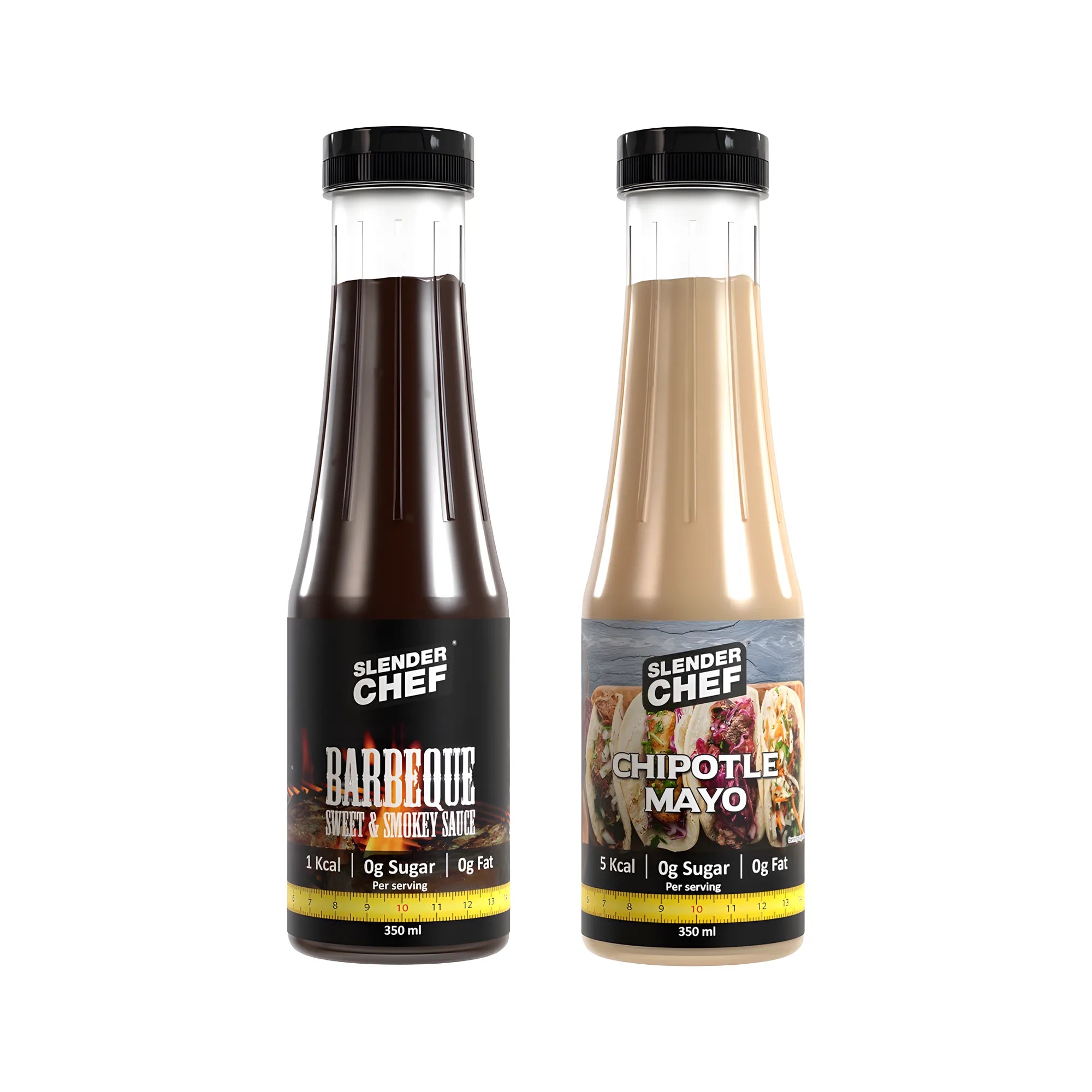 2 x Slender Chef Sauce 350 ml i två olika smaker uppställda bredvid varandra: Barbeque Sweet & Smokey och Chipotle Mayo.