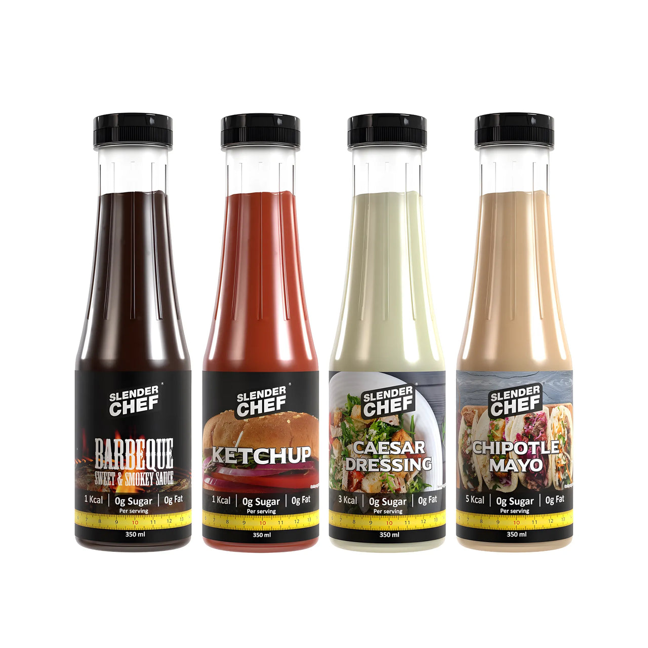 4 x Slender Chef Sauce 350 ml med fyra olika lågkalorisåser i genomskinliga plastflaskor med svarta lock.