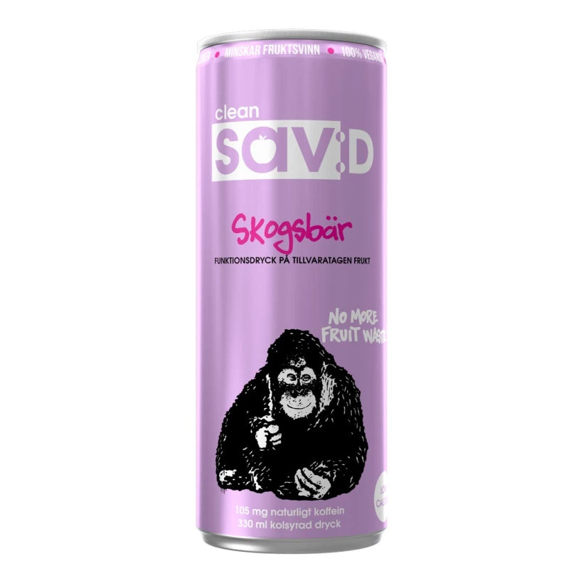 Clean Sav:D 330 ml funktionsdryck i en ljuslila aluminiumburk med smaken Skogsbär och en gorillaillustration., bild 2 av 9