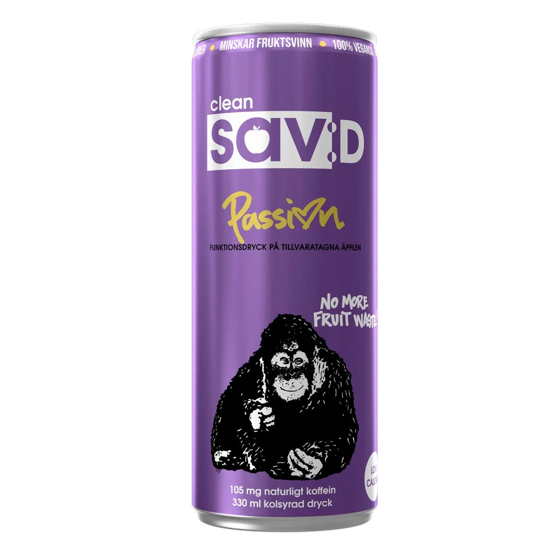 Lila burk med Clean Sav:D 330 ml funktionsdryck i smaken Passion, med en bild på en gorilla., bild 3 av 3