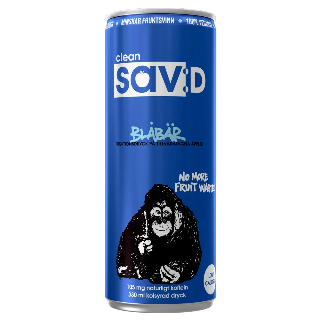 En blå burk med Clean Sav:D 330 ml vegansk energidryck i smaken blåbär med ett motiv av en apa., bild 1 av 3