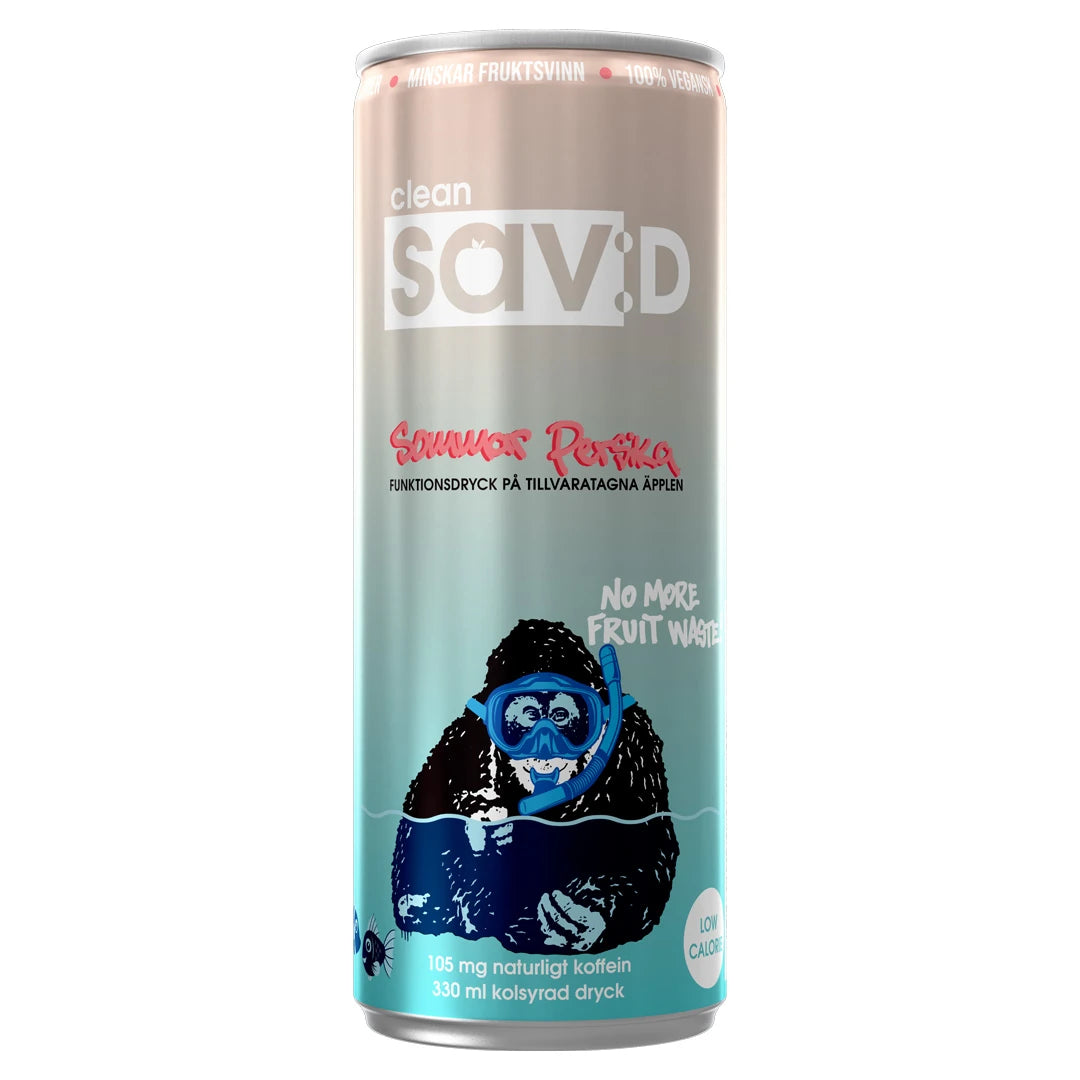 Clean Sav:D 330 ml energidryck i en persikofärgad och ljusblå burk med gorillamotiv för smaken Sommar Persika., bild 5 av 9