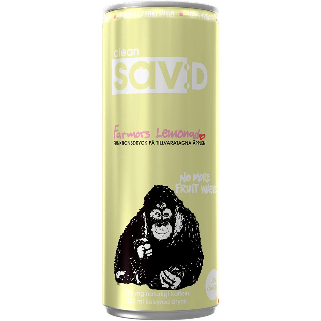 Ljusgul burk med Clean Sav:D 330 ml funktionsdryck i smaken Farmors Lemonad, prydd med en apa.