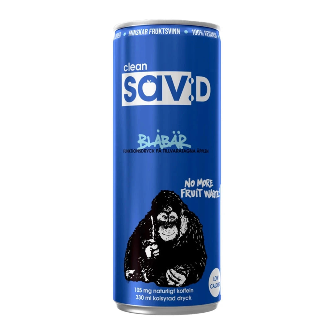 Clean Sav:D 330 ml funktionsdryck i en blå aluminiumburk med orangutang-motiv för smaken Blåbär., bild 6 av 9