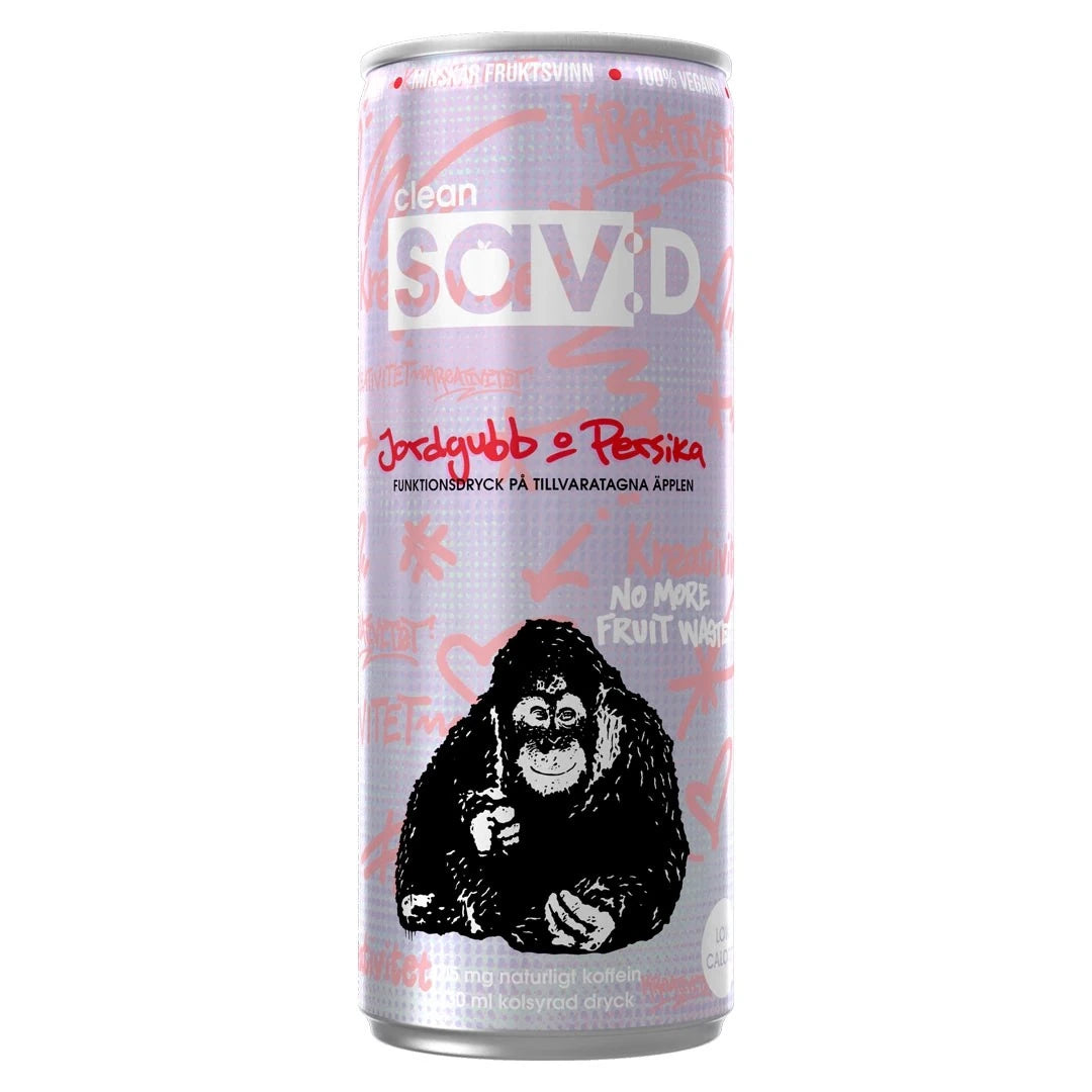 Clean Sav:D 330 ml energidryck i en ljusrosa burk med smaken Jordgubb Persika., bild 4 av 9
