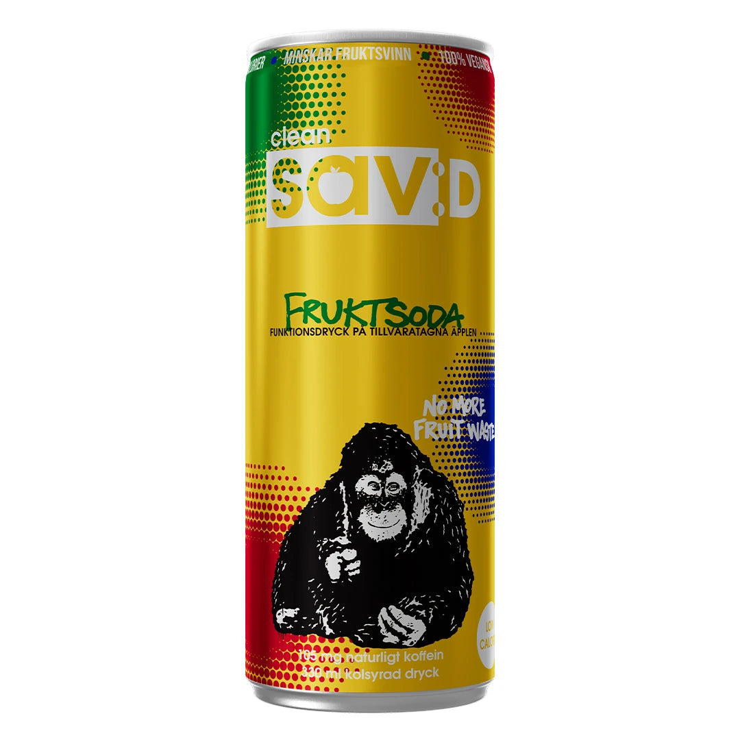 Clean Sav:D 330 ml funktionsdryck i en färgglad burk med smaken Fruktsoda och en svartvit apa-illustration., bild 9 av 9
