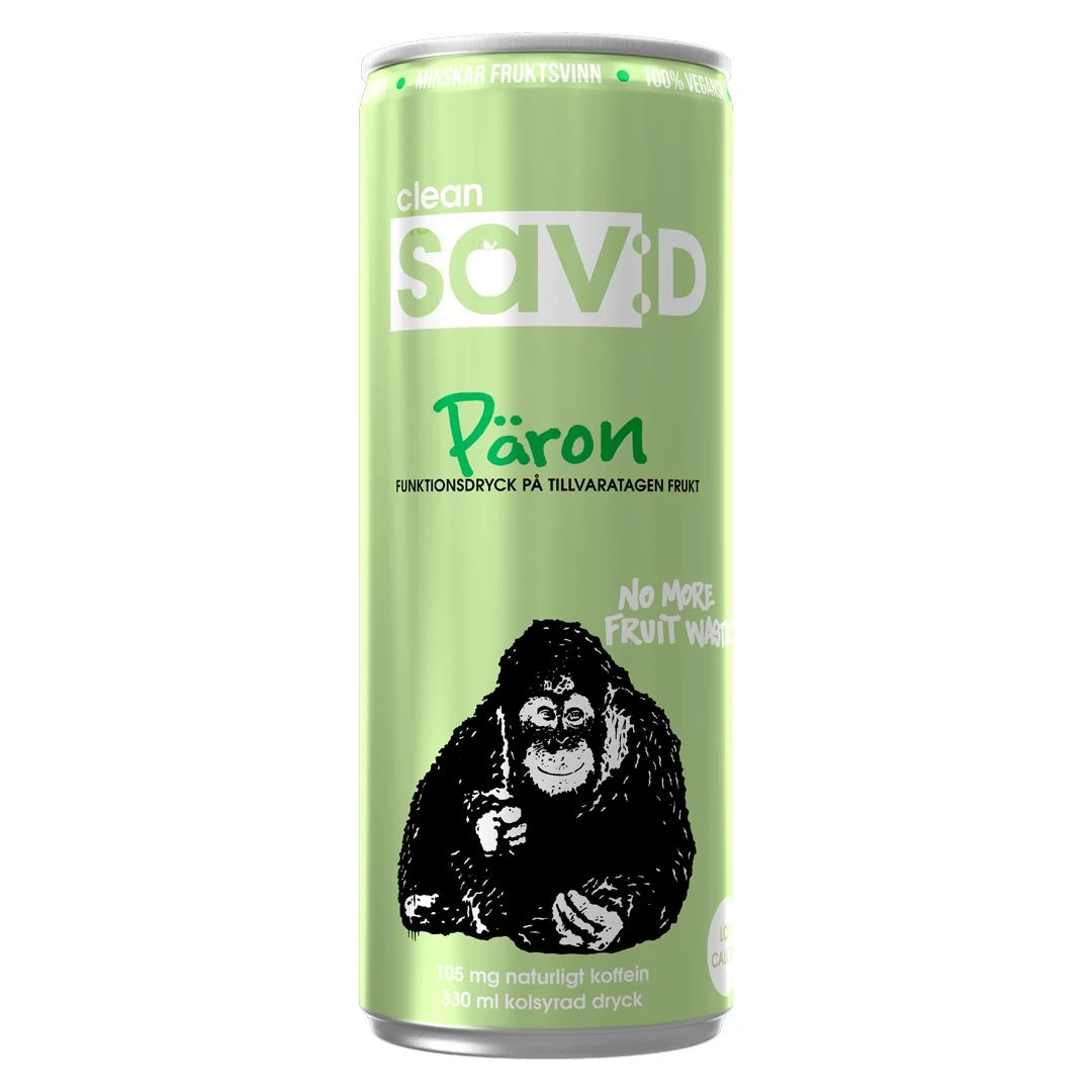 Ljusgrön burk med Clean Sav:D 330 ml energidryck i smaken Päron, prydd med en illustration av en apa., bild 3 av 9