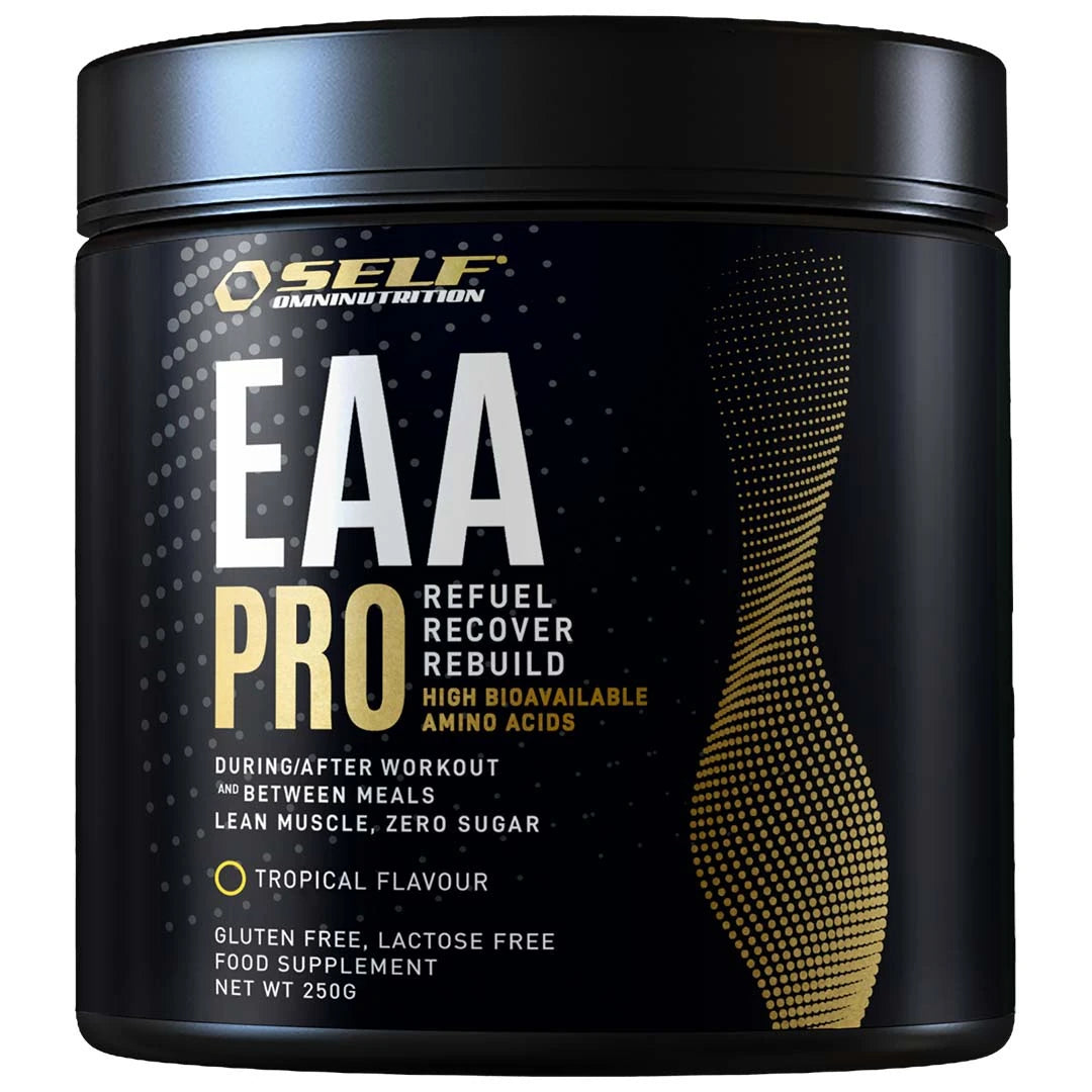Self Omninutrition EAA Pro 250 g aminosyror i en svart burk med guldiga detaljer och smaken Tropical Flavour.