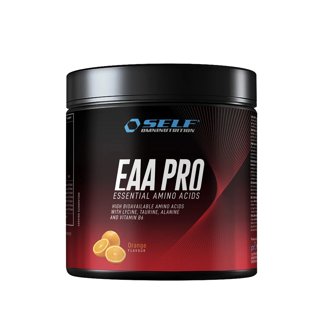Self Omninutrition EAA Pro 200 g aminosyror i en svart burk med röda detaljer för smaken Orange.