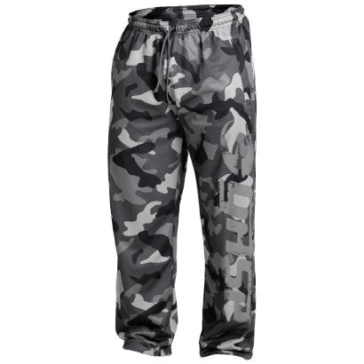 GASP Original Mesh Pants Tactical Camo, träningsbyxor i mesh med grått kamouflagemönster och stor logga längs benet., bild 2 av 5