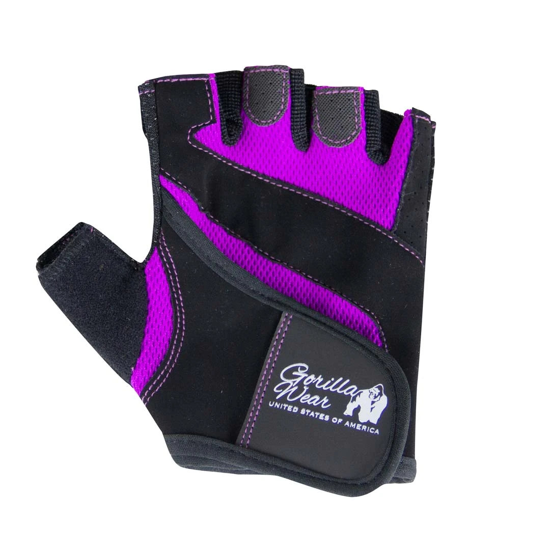 Gorilla Wear Womens Fitness Gloves Black/Purple träningshandskar med kardborrestängning och lila meshdetaljer för bra grepp.