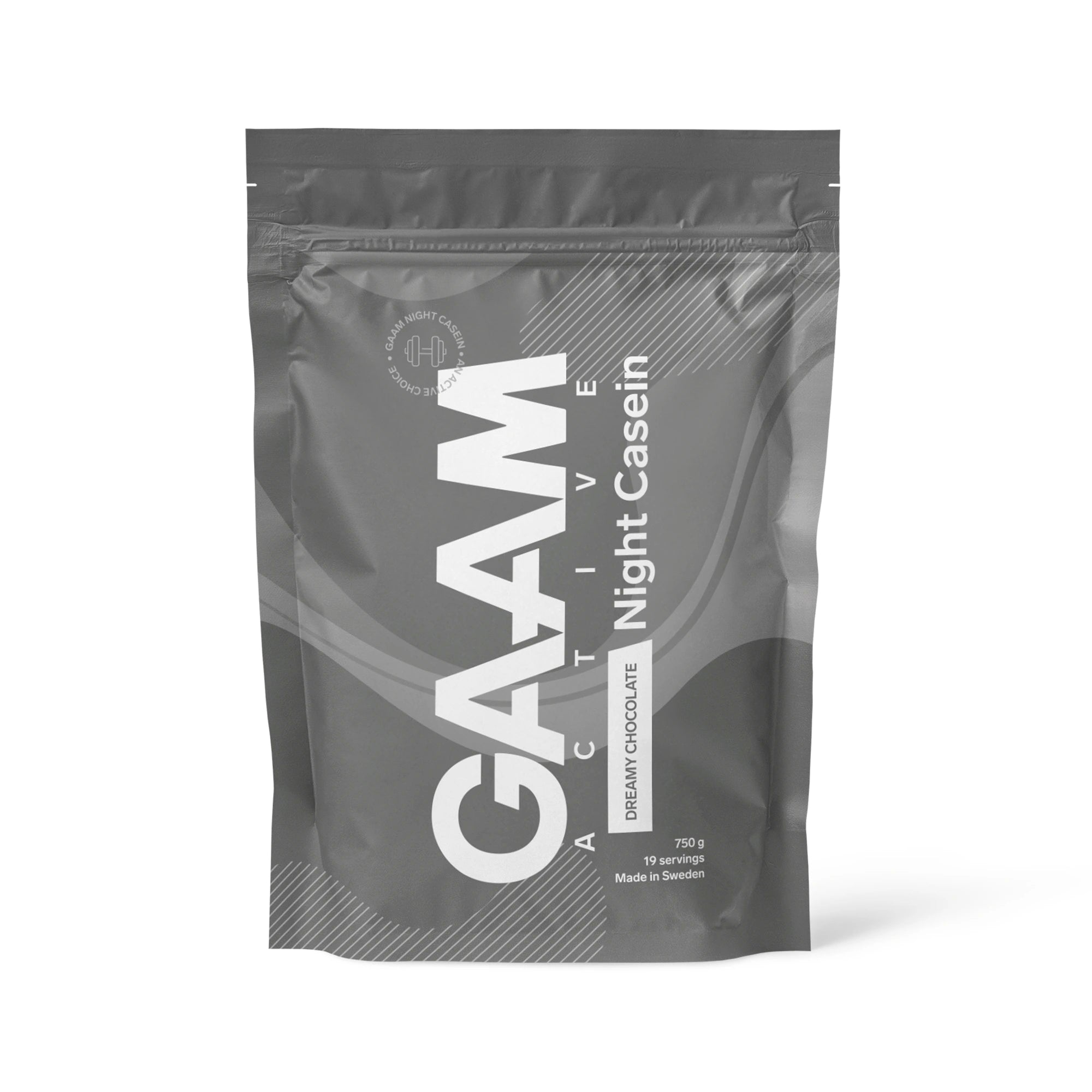 GAAM Active Night Casein 750 g kaseinprotein i en mörkgrå påse för smaken Dreamy Chocolate., bild 1 av 3