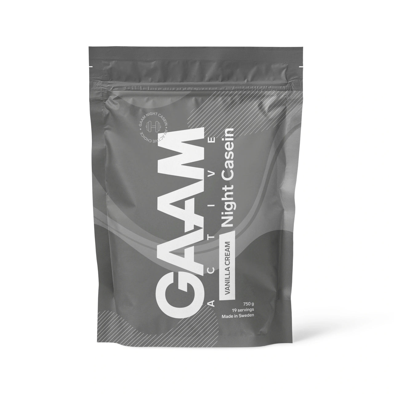 GAAM Active Night Casein 750 g kaseinprotein i en mörkgrå påse med vit text för smaken Vanilla Cream.