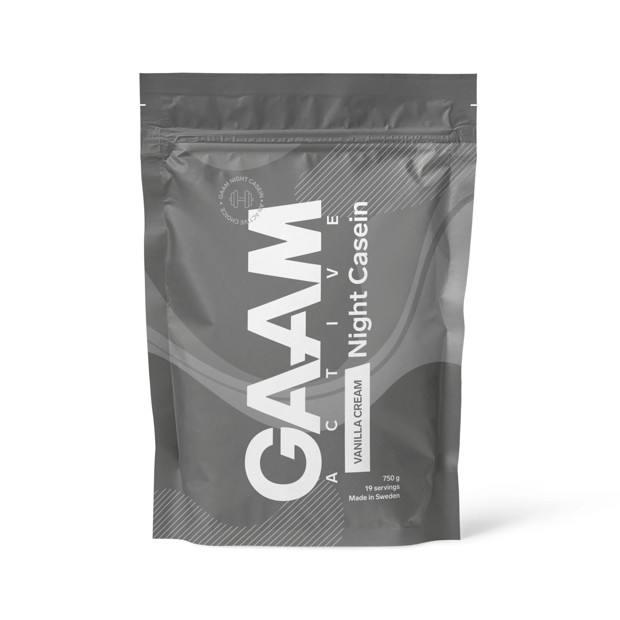 GAAM Active Night Casein 750 g kaseinprotein i en mörkgrå påse med vit text för smaken Vanilla Cream., bild 2 av 3