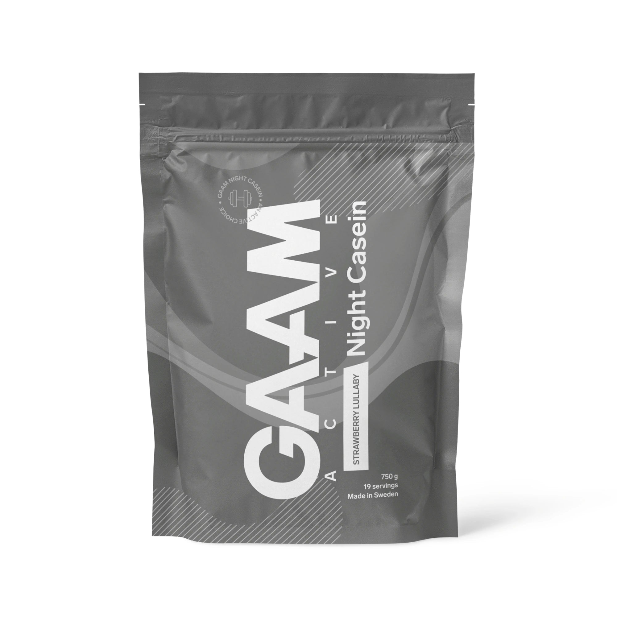 GAAM Active Night Casein 750 g proteinpulver i en mörkgrå påse för smaken Strawberry Lullaby., bild 3 av 3