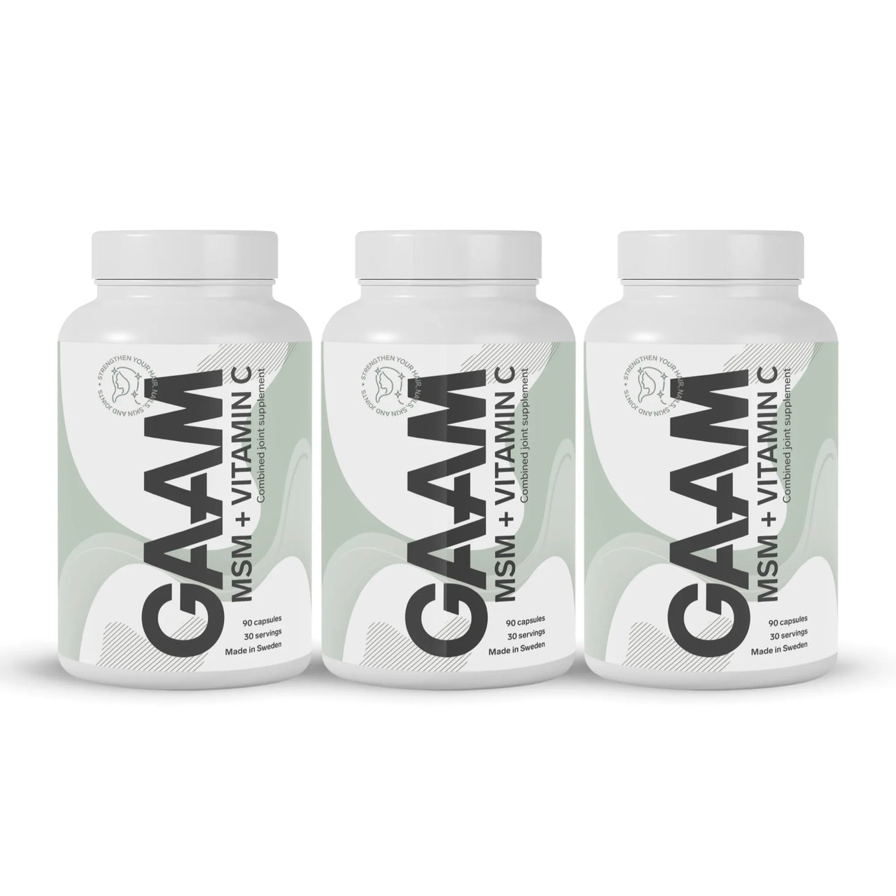 3 x GAAM MSM + Vitamin C 90 caps i tre vita plastburkar med ljusgröna detaljer och svart text.
