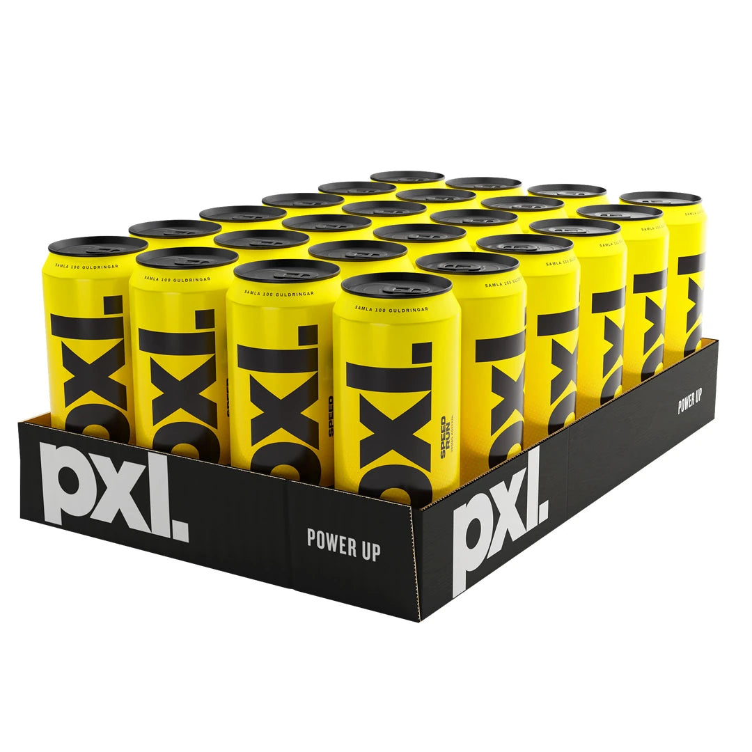 24 x PXL Energy 500 ml Speed Run i ett svart flak fyllt med gula energidrycksburkar med svart text.
