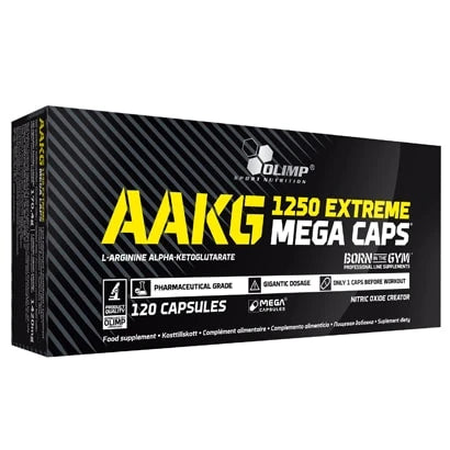 Olimp AAKG Extreme Mega Caps 120 caps kosttillskott i en svart förpackning med gul och vit text.