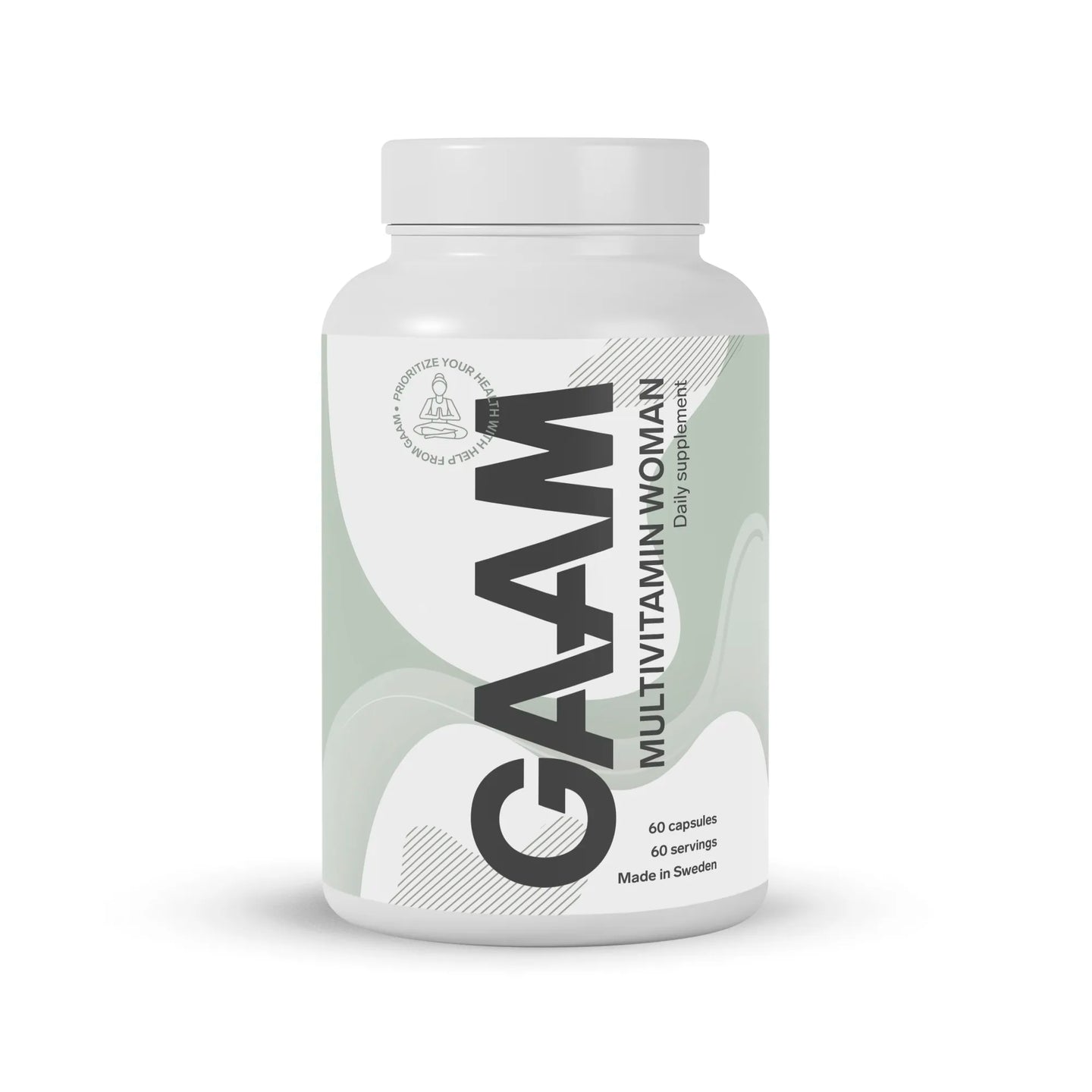GAAM Multivitamin Woman 60 caps i en vit burk med grön och vit etikett, ett kosttillskott för kvinnor.