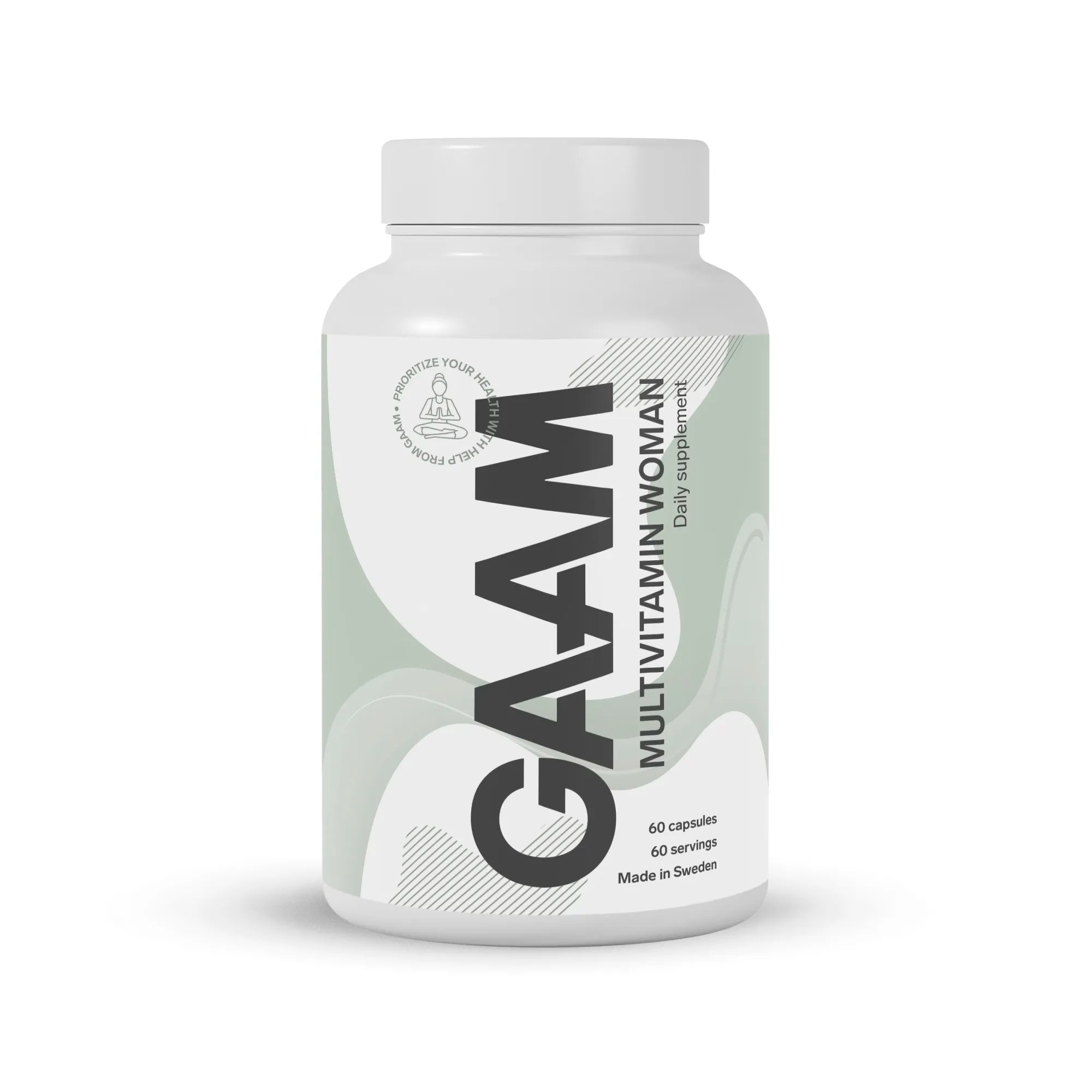 GAAM Multivitamin Woman 60 caps i en vit burk med grön och vit etikett, ett kosttillskott för kvinnor.