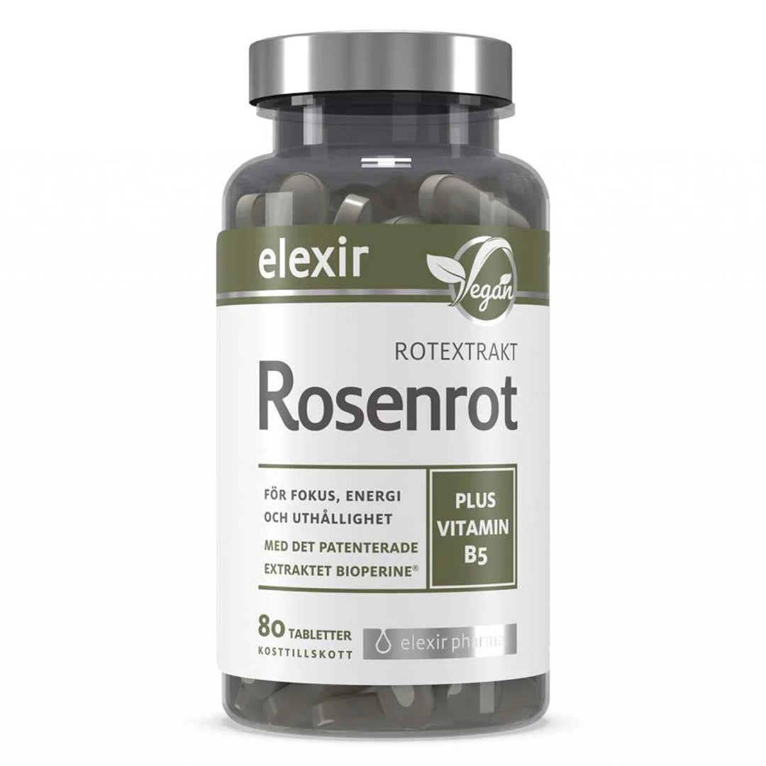 Elexir Pharma Rosenrot 80 tabs i en transparent burk med vit och grön etikett samt vegansymbol.