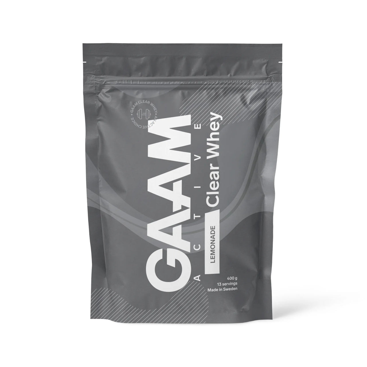 GAAM Active Clear Whey 400 g proteinpulver i en grå påse med vita detaljer för smaken Lemonade.