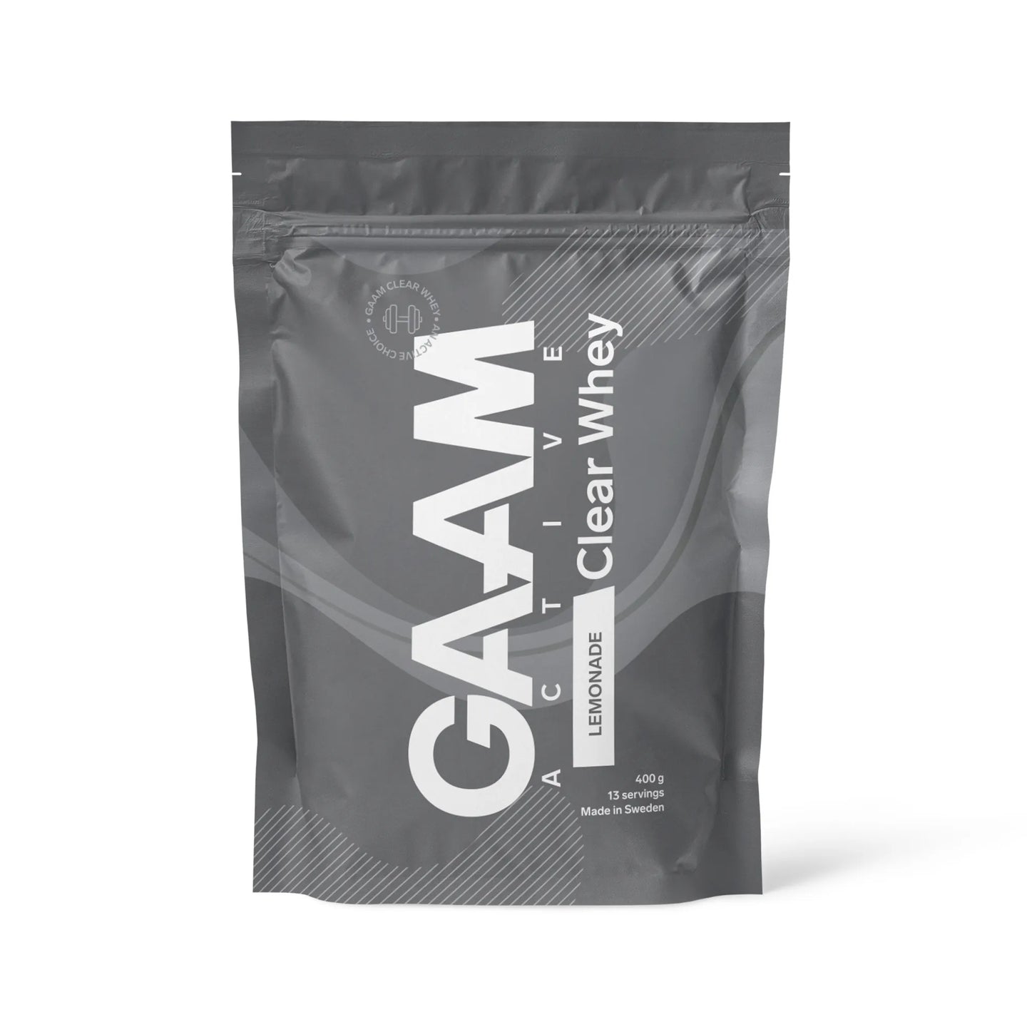 GAAM Active Clear Whey 400 g proteinpulver i en grå påse med vita detaljer för smaken Lemonade., bild 1 av 2
