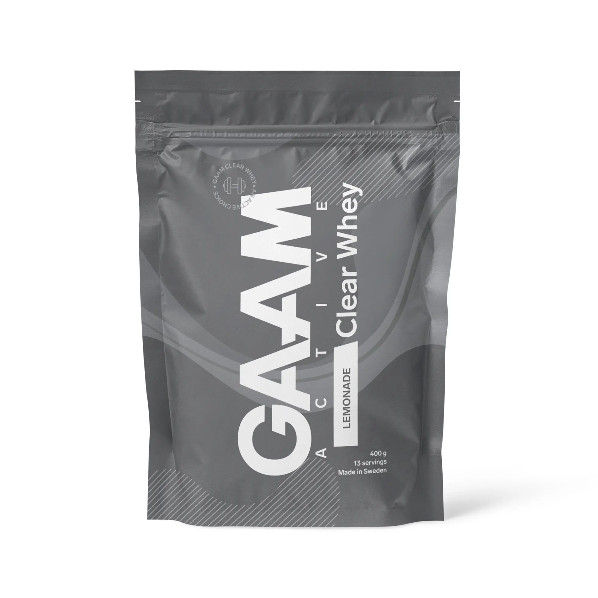 GAAM Active Clear Whey 400 g proteinpulver i en grå påse med vita detaljer för smaken Lemonade., bild 1 av 2