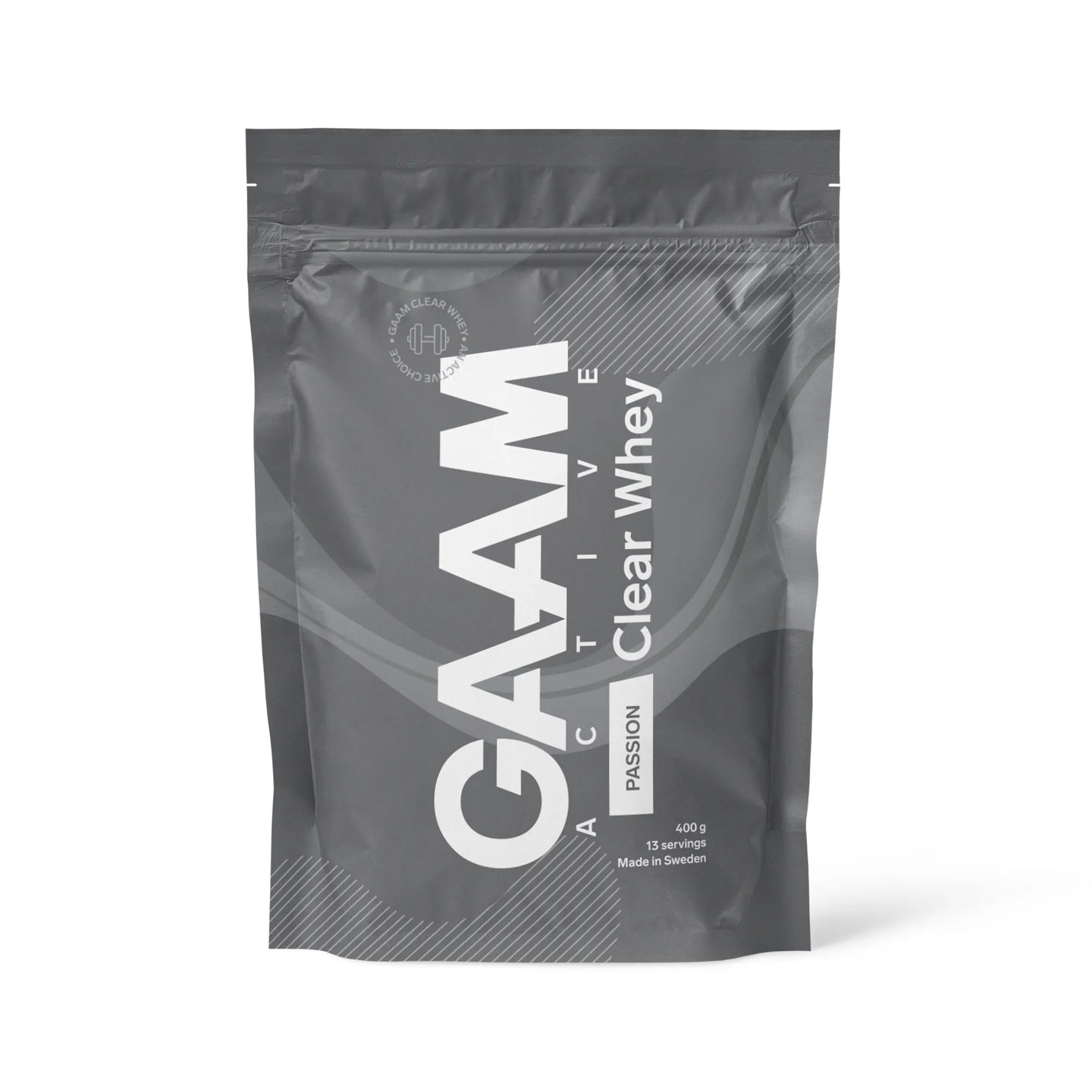 GAAM Active Clear Whey 400 g proteinpulver i en grå påse med vit text för smaken Passion Fruit., bild 2 av 2