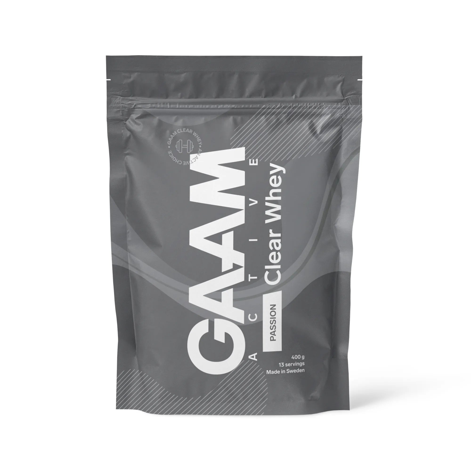 GAAM Active Clear Whey 400 g proteinpulver i en grå påse med vit text för smaken Passion Fruit., bild 2 av 2