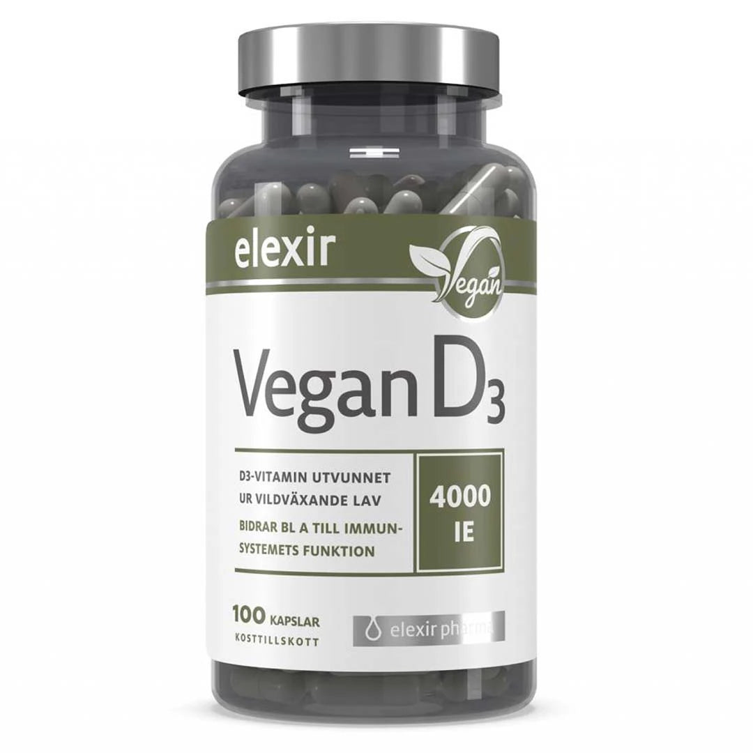 Elexir Pharma D3 Vegan Vitamin 4000IE 100 caps i en genomskinlig burk med vit och grön etikett samt silverlock.
