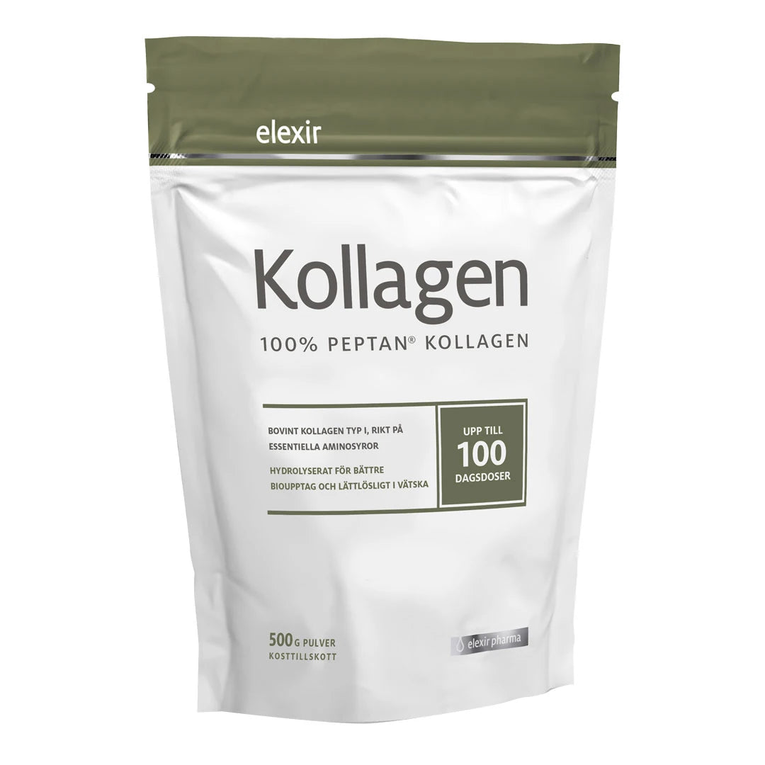 Elexir Pharma Kollagen 100% Peptan 500 g kosttillskott i en vit påse med olivgröna detaljer.