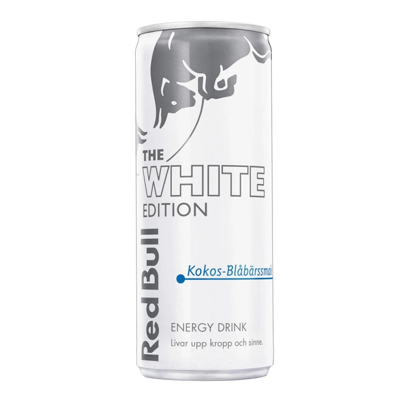 Red Bull Energidryck 250 ml i en vit burk med smaken White Edition Kokos-Blåbär.