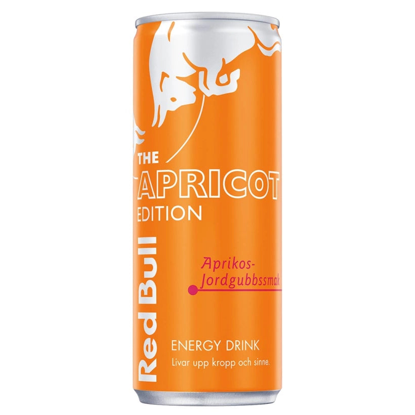 Red Bull Energidryck 250 ml i en orange burk, The Apricot Edition med smak av aprikos och jordgubb.