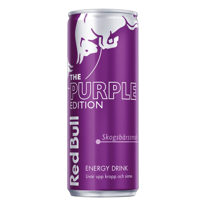 Red Bull Energidryck 250 ml i en lila burk från The Purple Edition med skogsbärssmak.