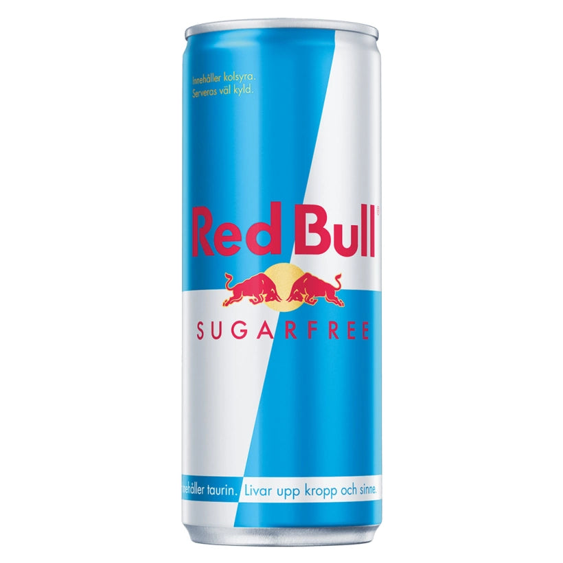Red Bull Energidryck 250 ml, sockerfri variant i en klassisk ljusblå och silvrig burk.