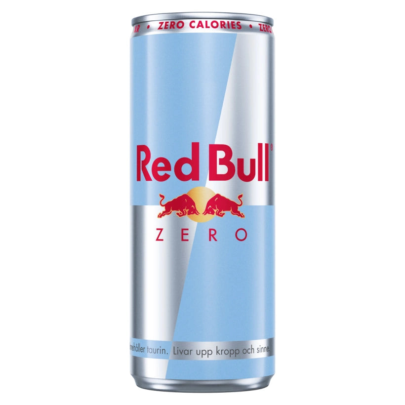 Red Bull Energidryck 250 ml i smaken Zero, presenterad i en ljusblå och silvrig aluminiumburk.