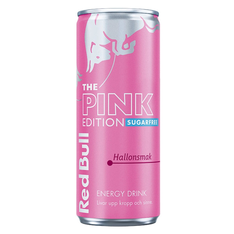 Red Bull Energidryck 250 ml i The Pink Edition Sugarfree, en rosa burk med hallonsmak.
