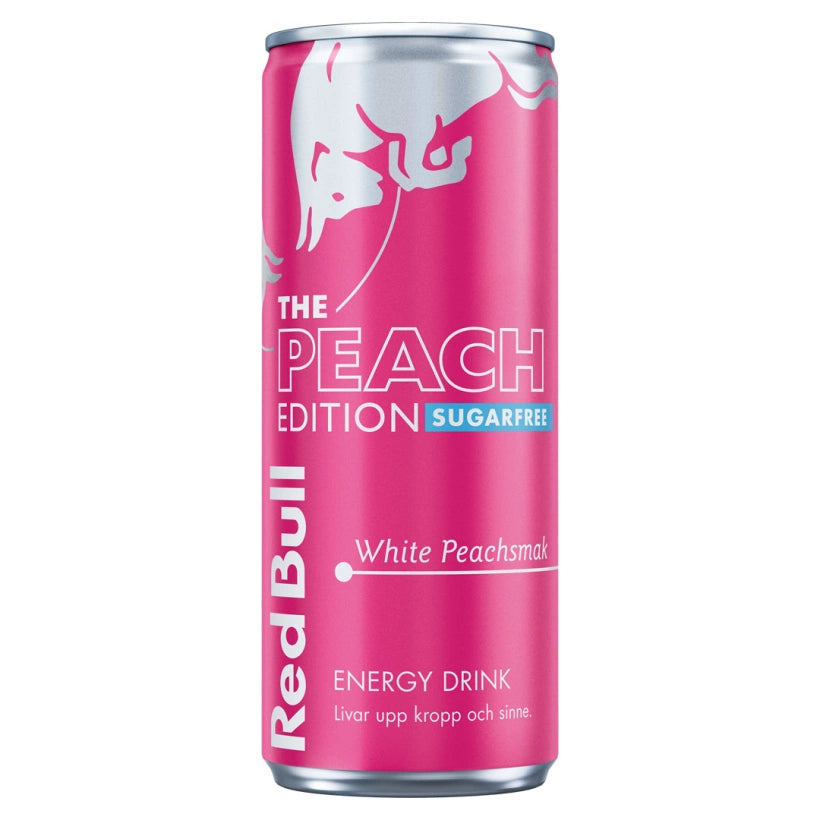 Red Bull Energidryck 250 ml i en rosa burk med smaken sockerfri White Peach.