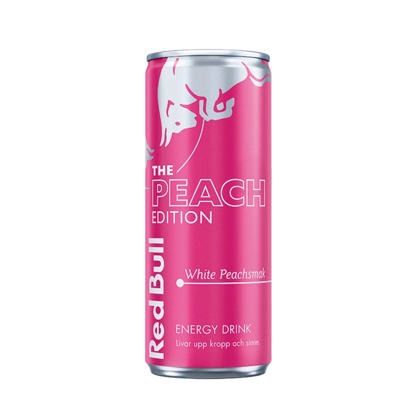 Red Bull Energidryck 250 ml The Peach Edition i en rosa burk med White Peach-smak.