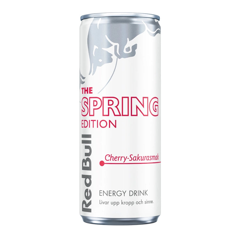Red Bull Energidryck 250 ml i en vit och silvrig burk med rosa text för The Spring Edition i Cherry-Sakurasmak.