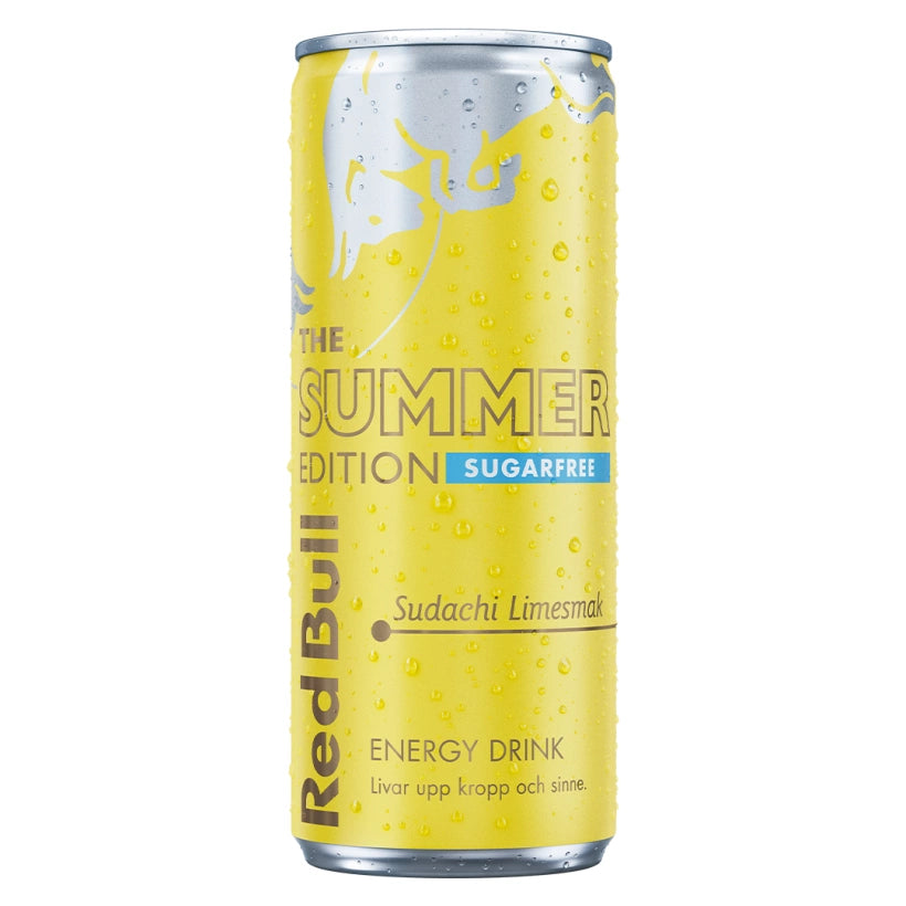 Red Bull Energidryck 250 ml, en gul metallburk med kondensdroppar för The Summer Edition Sugarfree Sudachi Limesmak.