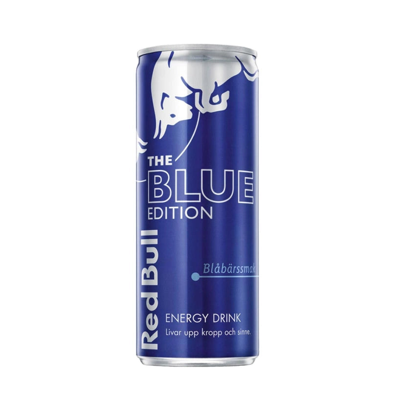 Red Bull Energidryck 250 ml i en mörkblå burk från The Blue Edition med blåbärssmak.