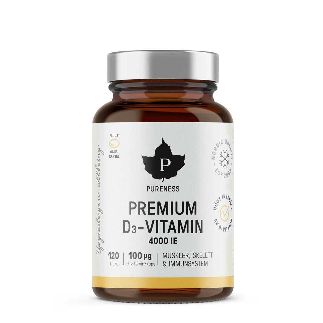 Pureness Premium D-Vitamin 120 caps i en brun glasburk med silverlock och vit etikett med gula detaljer.