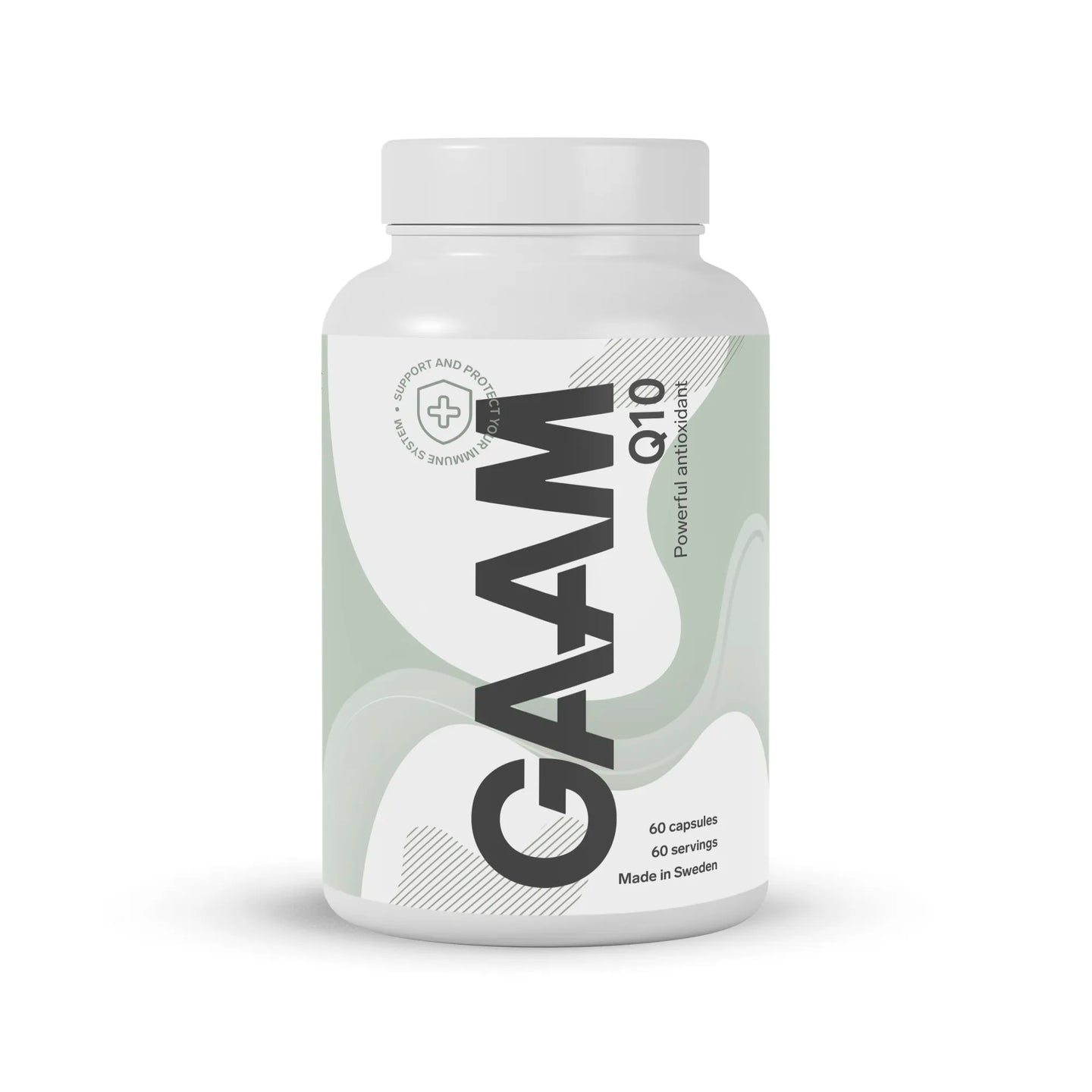 GAAM Q10 60 caps kosttillskott i en vit burk med grön och vit etikett.
