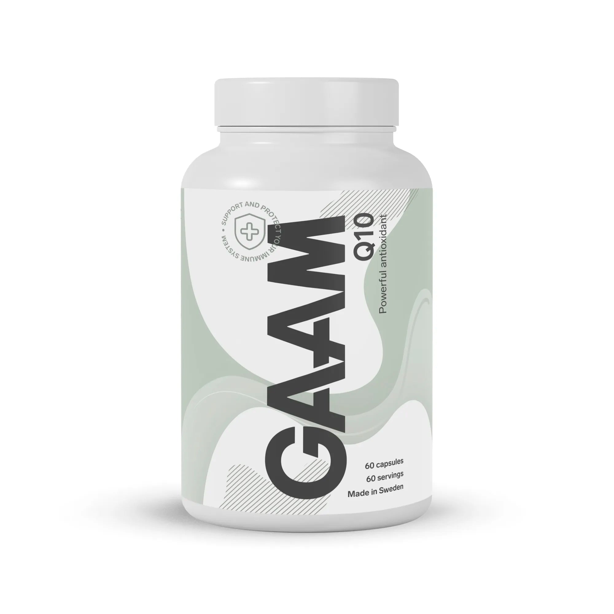 GAAM Q10 60 caps kosttillskott i en vit burk med grön och vit etikett.